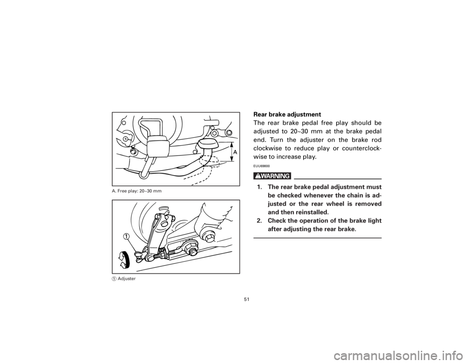 YAMAHA T105 1998 Workshop Manual Rear brake adjustment
The rear brake pedal free play should be
adjusted to 20~30 mm at the brake pedal
end. Turn the adjuster on the brake rod
clockwise to reduce play or counterclock-
wise to increas