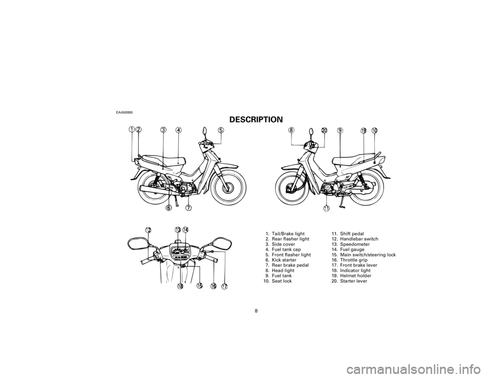 YAMAHA T105 1998 Owners Manual EAA50000
DESCRIPTION
8
1. Tail/Brake light
2. Rear flasher light
3. Side cover
4. Fuel tank cap
5. Front flasher light
6. Kick starter
7. Rear brake pedal
8. Head light
9. Fuel tank
10. Seat lock11. S YAMAHA T105 1998 Owners Manual EAA50000
DESCRIPTION
8
1. Tail/Brake light
2. Rear flasher light
3. Side cover
4. Fuel tank cap
5. Front flasher light
6. Kick starter
7. Rear brake pedal
8. Head light
9. Fuel tank
10. Seat lock11. S
