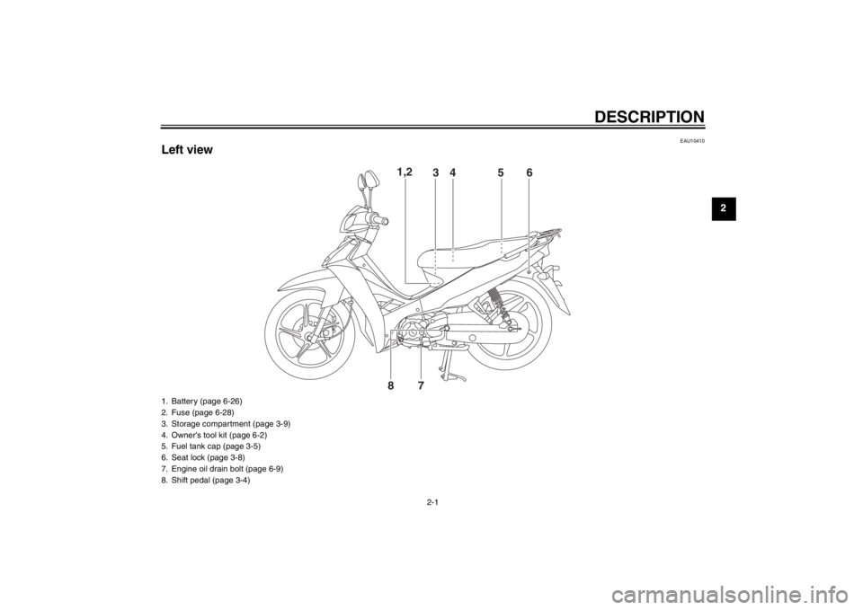 YAMAHA T110C 2013 User Guide DESCRIPTION
2-1
2
EAU10410
Left view
1,2
3
456
87
1. Battery (page 6-26)
2. Fuse (page 6-28)
3. Storage compartment (page 3-9)
4. Owner’s tool kit (page 6-2)
5. Fuel tank cap (page 3-5)
6. Seat lock YAMAHA T110C 2013 User Guide DESCRIPTION
2-1
2
EAU10410
Left view
1,2
3
456
87
1. Battery (page 6-26)
2. Fuse (page 6-28)
3. Storage compartment (page 3-9)
4. Owner’s tool kit (page 6-2)
5. Fuel tank cap (page 3-5)
6. Seat lock