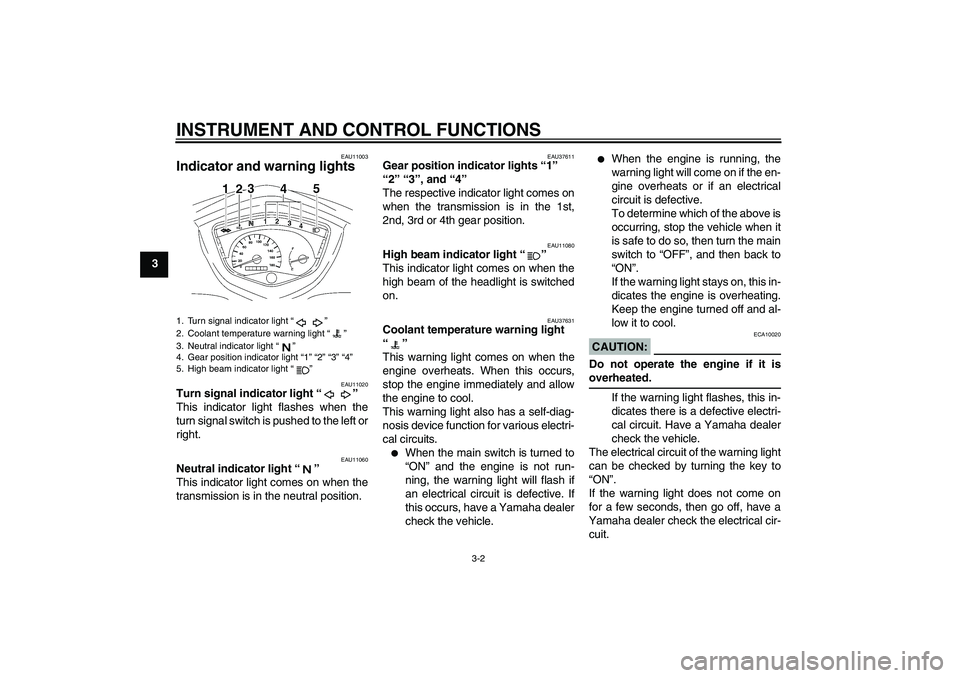 YAMAHA T135 2006  Owners Manual INSTRUMENT AND CONTROL FUNCTIONS
3-2
3
EAU11003
Indicator and warning lights 
EAU11020
Turn signal indicator light “” 
This indicator light flashes when the
turn signal switch is pushed to the lef