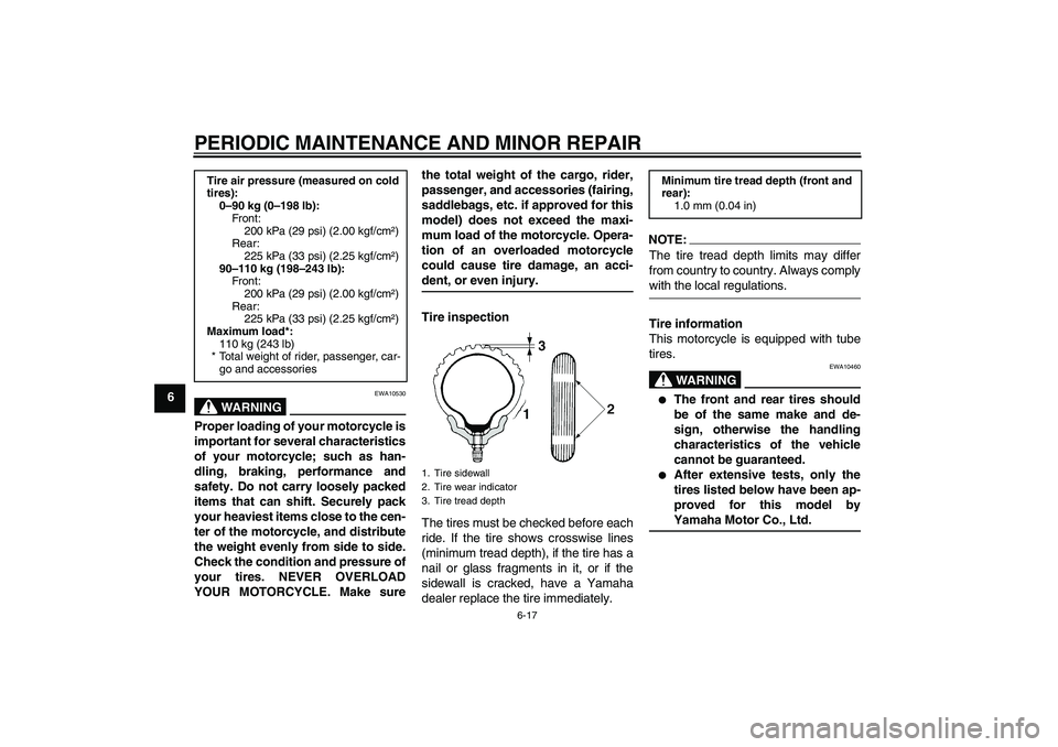 YAMAHA T135 2006 Service Manual PERIODIC MAINTENANCE AND MINOR REPAIR
6-17
6
WARNING
EWA10530
Proper loading of your motorcycle is
important for several characteristics
of your motorcycle; such as han-
dling, braking, performance an