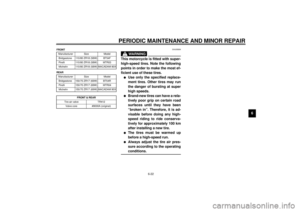 YAMAHA TDM 850 2001 Repair Manual PERIODIC MAINTENANCE AND MINOR REPAIR
6-22
6
CE-10E
CE-14EEAU00684
WARNING
@ This motorcycle is fitted with super-
high-speed tires. Note the following
points in order to make the most ef-
ficient use YAMAHA TDM 850 2001 Repair Manual PERIODIC MAINTENANCE AND MINOR REPAIR
6-22
6
CE-10E
CE-14EEAU00684
WARNING
@ This motorcycle is fitted with super-
high-speed tires. Note the following
points in order to make the most ef-
ficient use