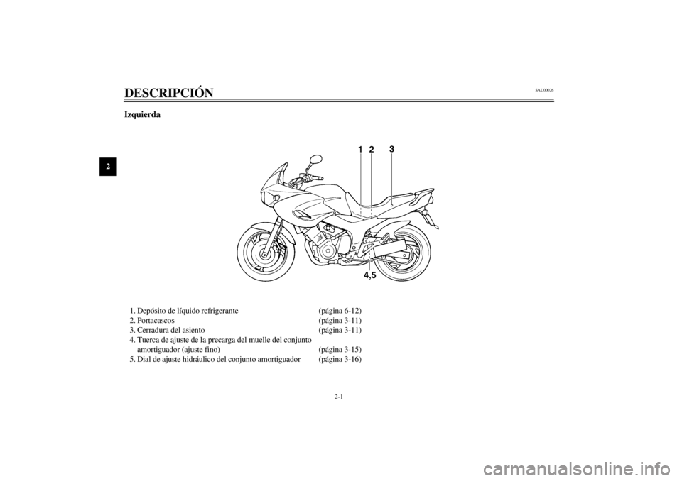 YAMAHA TDM 850 2001 Manuale de Empleo (in Spanish) 2-1
2
SAU00026
2-DESCRIPCIÓN Izquierda1. Depósito de líquido refrigerante (página 6-12)
2. Portacascos (página 3-11)
3. Cerradura del asiento (página 3-11)
4. Tuerca de ajuste de la precarga del YAMAHA TDM 850 2001 Manuale de Empleo (in Spanish) 2-1
2
SAU00026
2-DESCRIPCIÓN Izquierda1. Depósito de líquido refrigerante (página 6-12)
2. Portacascos (página 3-11)
3. Cerradura del asiento (página 3-11)
4. Tuerca de ajuste de la precarga del