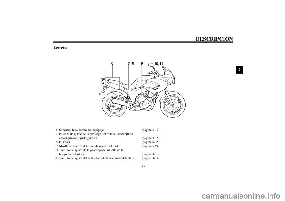YAMAHA TDM 850 2001 Manuale de Empleo (in Spanish) DESCRIPCIÓN
2-2
2
Derecha6. Soportes de la correa del equipaje (página 3-17)
7. Palanca de ajuste de la precarga del muelle del conjunto
amortiguador (ajuste grueso) (página 3-15)
8. Fusibles (pá YAMAHA TDM 850 2001 Manuale de Empleo (in Spanish) DESCRIPCIÓN
2-2
2
Derecha6. Soportes de la correa del equipaje (página 3-17)
7. Palanca de ajuste de la precarga del muelle del conjunto
amortiguador (ajuste grueso) (página 3-15)
8. Fusibles (pá