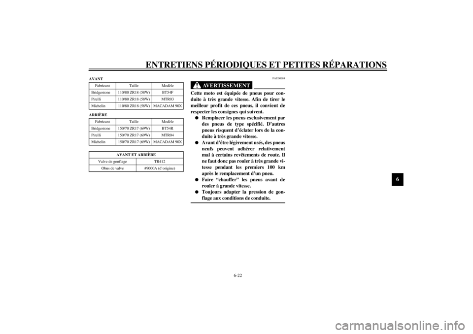 YAMAHA TDM 850 2001 Notices Demploi (in French) ENTRETIENS PÉRIODIQUES ET PETITES RÉPARATIONS
6-22
6
CE-10F
CE-14FFAU00684
AVERTISSEMENT
_ Cette moto est équipée de pneus pour con-
duite à très grande vitesse. Afin de tirer le
meilleur profit YAMAHA TDM 850 2001 Notices Demploi (in French) ENTRETIENS PÉRIODIQUES ET PETITES RÉPARATIONS
6-22
6
CE-10F
CE-14FFAU00684
AVERTISSEMENT
_ Cette moto est équipée de pneus pour con-
duite à très grande vitesse. Afin de tirer le
meilleur profit