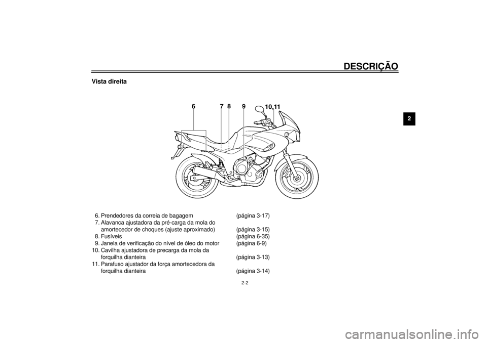 YAMAHA TDM 850 2001 Manual de utilização (in Portuguese) DESCRIÇÃO
2-2
2
Vista direita6. Prendedores da correia de bagagem (página 3-17)
7. Alavanca ajustadora da pré-carga da mola do
amortecedor de choques (ajuste aproximado) (página 3-15)
8. Fusíve YAMAHA TDM 850 2001 Manual de utilização (in Portuguese) DESCRIÇÃO
2-2
2
Vista direita6. Prendedores da correia de bagagem (página 3-17)
7. Alavanca ajustadora da pré-carga da mola do
amortecedor de choques (ajuste aproximado) (página 3-15)
8. Fusíve