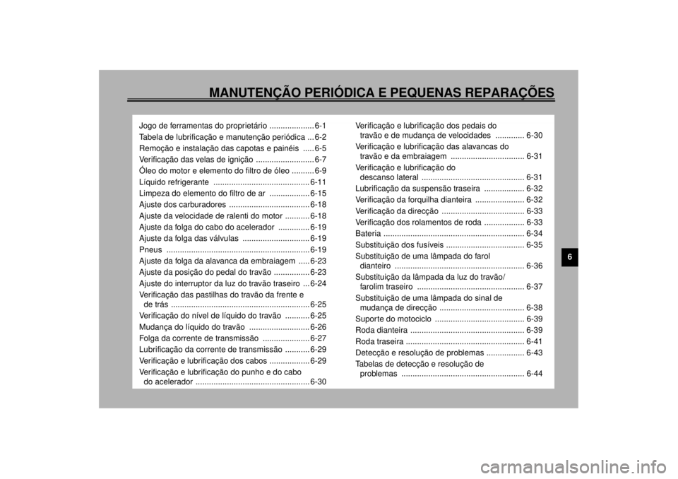 YAMAHA TDM 850 2001 Manual de utilização (in Portuguese) MANUTENÇÃO PERIÓDICA E PEQUENAS REPARAÇÕES
6
Jogo de ferramentas do proprietário .................... 6-1
Tabela de lubrificação e manutenção periódica ... 6-2
Remoção e instalação das YAMAHA TDM 850 2001 Manual de utilização (in Portuguese) MANUTENÇÃO PERIÓDICA E PEQUENAS REPARAÇÕES
6
Jogo de ferramentas do proprietário .................... 6-1
Tabela de lubrificação e manutenção periódica ... 6-2
Remoção e instalação das