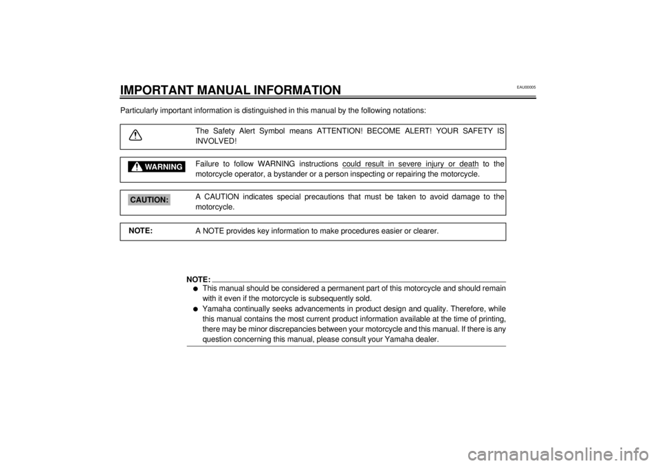 YAMAHA TDM 850 2000  Owners Manual EAU00005
IMPORTANT MANUAL INFORMATIONParticularly important information is distinguished in this manual by the following notations:
The Safety Alert Symbol means ATTENTION! BECOME ALERT! YOUR SAFETY I