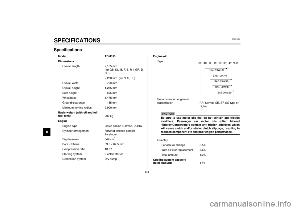 YAMAHA TDM 850 2000  Owners Manual 8-1
8
EAU01038
8-SPECIFICATIONSSpecifications
Model TDM850
Dimensions
Overall length 2,165 mm
(for GB, NL, B, F, E, P, I, GR, D, 
DK)
2,200 mm (for N, S, SF)
Overall width 790 mm
Overall height 1,285 