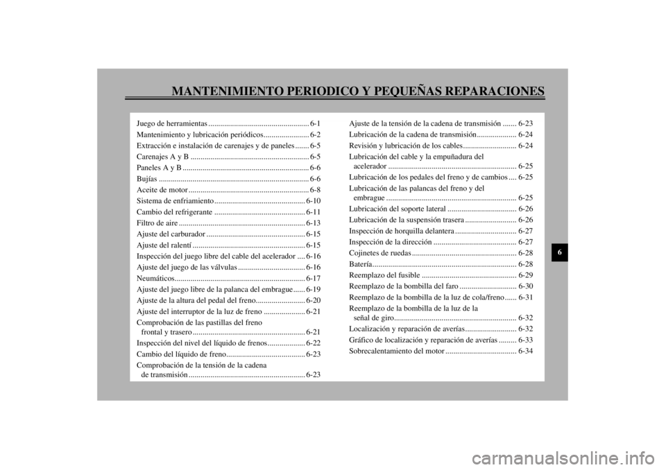 YAMAHA TDM 850 2000 Manuale de Empleo (in Spanish) MANTENIMIENTO PERIODICO Y PEQUEÑAS REPARACIONES
6
Juego de herramientas ................................................... 6-1
Mantenimiento y lubricación periódicos....................... 6-2
Ext YAMAHA TDM 850 2000 Manuale de Empleo (in Spanish) MANTENIMIENTO PERIODICO Y PEQUEÑAS REPARACIONES
6
Juego de herramientas ................................................... 6-1
Mantenimiento y lubricación periódicos....................... 6-2
Ext