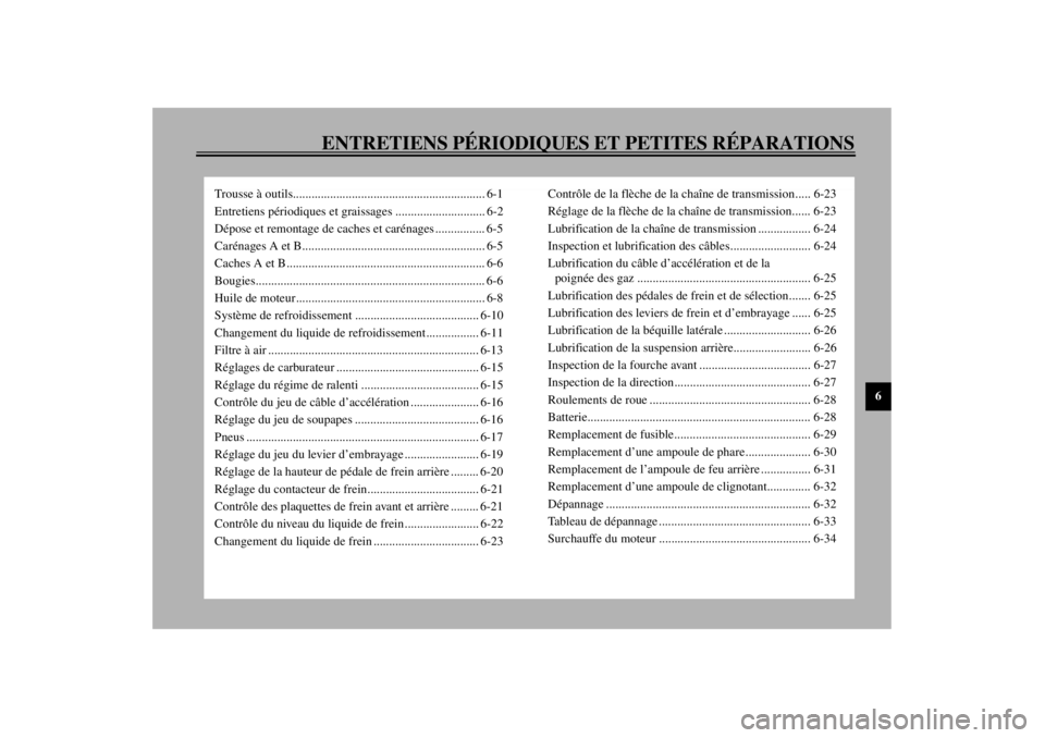 YAMAHA TDM 850 2000  Notices Demploi (in French) ENTRETIENS PÉRIODIQUES ET PETITES RÉPARATIONS
6
Trousse à outils.............................................................. 6-1
Entretiens périodiques et graissages ............................