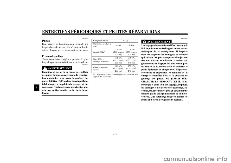 YAMAHA TDM 850 2000  Notices Demploi (in French) ENTRETIENS PÉRIODIQUES ET PETITES RÉPARATIONS
6-17
6
FAU00658
PneusPour assurer un fonctionnement optimal, une
longue durée de service et la sécurité de l’utili-
sateur, observer les recommanda