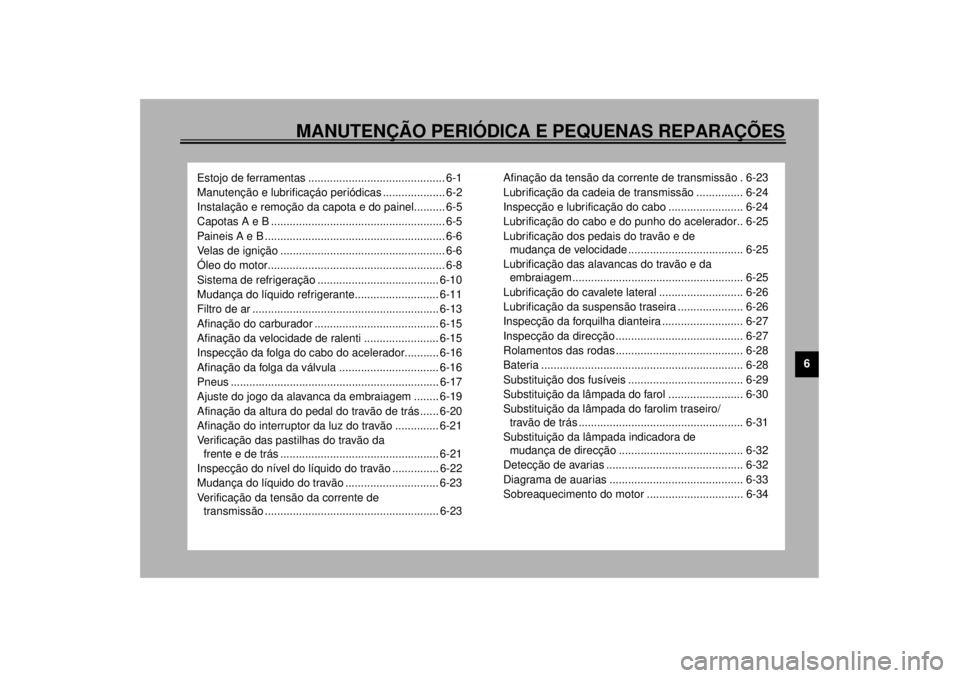 YAMAHA TDM 850 2000 Manual de utilização (in Portuguese) MANUTENÇÃO PERIÓDICA E PEQUENAS REPARAÇÕES
6
Estojo de ferramentas ............................................ 6-1
Manutenção e lubrificaçáo periódicas .................... 6-2
Instalação YAMAHA TDM 850 2000 Manual de utilização (in Portuguese) MANUTENÇÃO PERIÓDICA E PEQUENAS REPARAÇÕES
6
Estojo de ferramentas ............................................ 6-1
Manutenção e lubrificaçáo periódicas .................... 6-2
Instalação