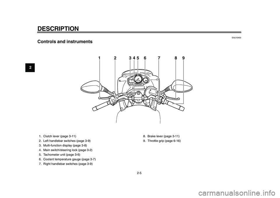 YAMAHA TDM 900 2010 User Guide
DESCRIPTION
2-5
1
2
3
4
5
6
7
8
9
EAU10430
Controls and instruments
1234567 89
1. Clutch lever (page 3-11)
2. Left handlebar switches (page 3-9)
3. Multi-function display (page 3-8)
4. Main s YAMAHA TDM 900 2010 User Guide
DESCRIPTION
2-5
1
2
3
4
5
6
7
8
9
EAU10430
Controls and instruments
1234567 89
1. Clutch lever (page 3-11)
2. Left handlebar switches (page 3-9)
3. Multi-function display (page 3-8)
4. Main s