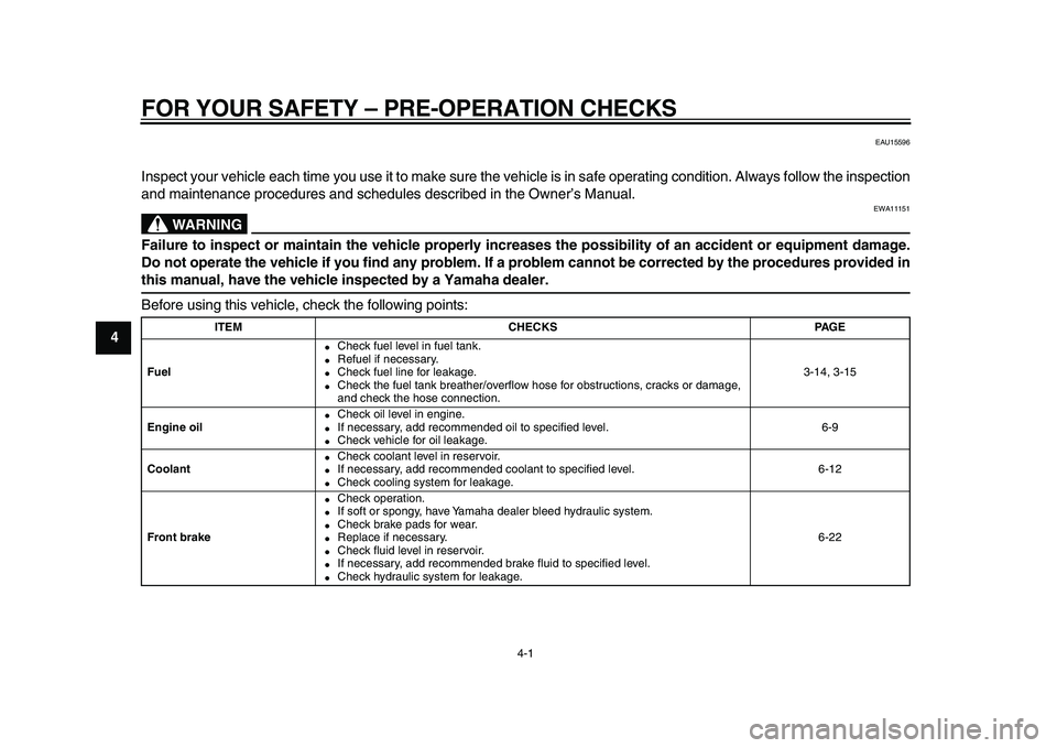 YAMAHA TDM 900 2010 Owners Guide
4-1
1
2
3
4
5
6
7
8
9
FOR YOUR SAFETY – PRE-OPERATION CHECKS
EAU15596
Inspect your vehicle each time you use it to make sure the vehicle is in safe operating condition. Always follow the insp YAMAHA TDM 900 2010 Owners Guide
4-1
1
2
3
4
5
6
7
8
9
FOR YOUR SAFETY – PRE-OPERATION CHECKS
EAU15596
Inspect your vehicle each time you use it to make sure the vehicle is in safe operating condition. Always follow the insp