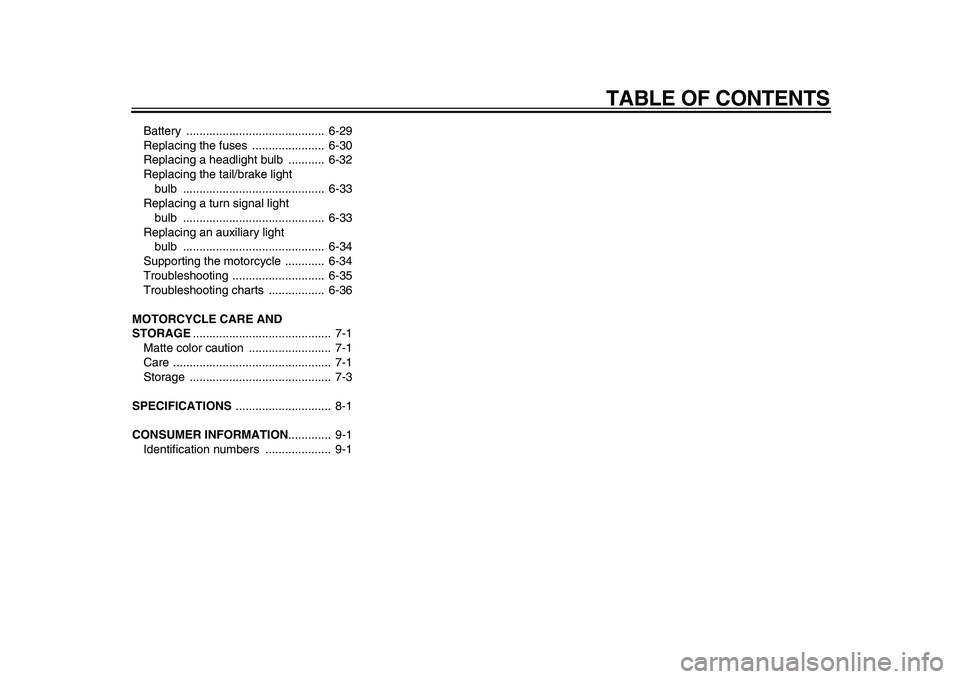 YAMAHA TDM 900 2010  Owners Manual  
TABLE OF CONTENTS 
Battery ..........................................  6-29
Replacing the fuses  ......................  6-30
Replacing a headlight bulb  ...........  6-32
Replacing the tail/brake l