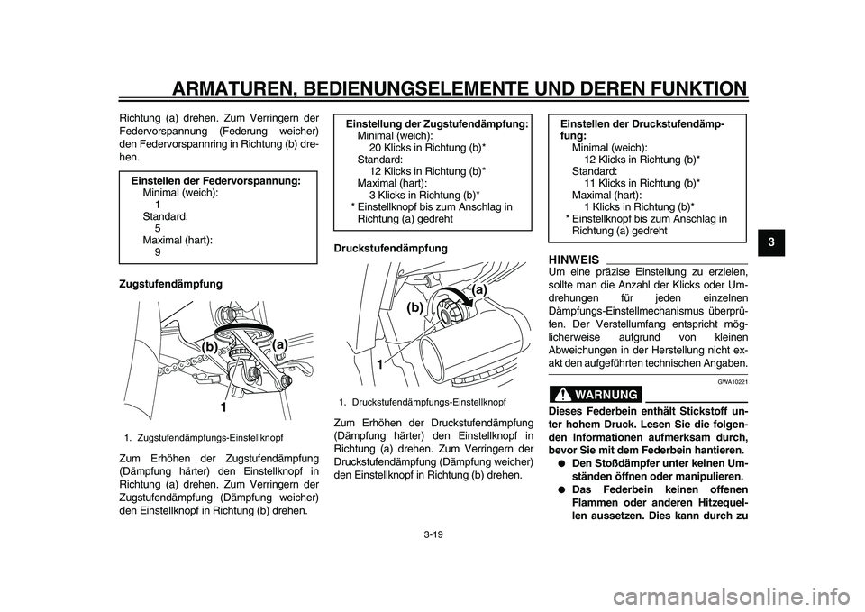 YAMAHA TDM 900 2010  Betriebsanleitungen (in German)  
ARMATUREN, BEDIENUNGSELEMENTE UND DEREN FUNKTION 
3-19 
2
34
5
6
7
8
9
 
Richtung (a) drehen. Zum Verringern der
Federvorspannung (Federung weicher)
den Federvorspannring in Richtung (b) dre-
hen. 
