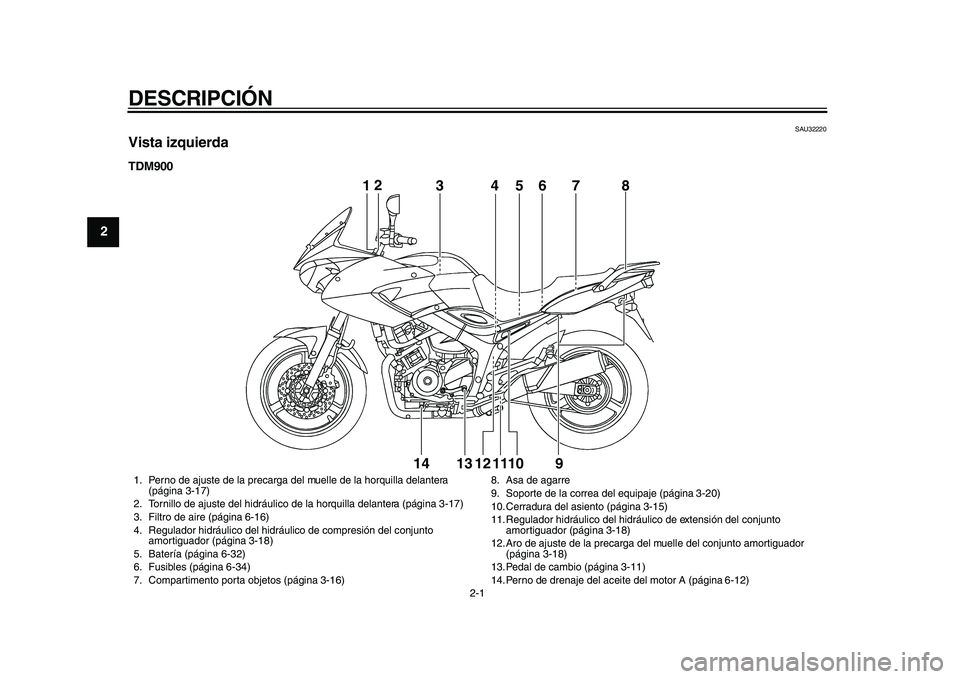 YAMAHA TDM 900 2010 Manuale de Empleo (in Spanish)
2-1
1
2
DESCRIPCIÓN
SAU32220
Vista izquierda
TDM900
12
345678
9 10 11 12 13 1412
345678
9 10 11 12 13 14
1. Perno de ajuste de la precarga del muelle de la horquilla delantera
(página
3 YAMAHA TDM 900 2010 Manuale de Empleo (in Spanish)
2-1
1
2
DESCRIPCIÓN
SAU32220
Vista izquierda
TDM900
12
345678
9 10 11 12 13 1412
345678
9 10 11 12 13 14
1. Perno de ajuste de la precarga del muelle de la horquilla delantera
(página
3