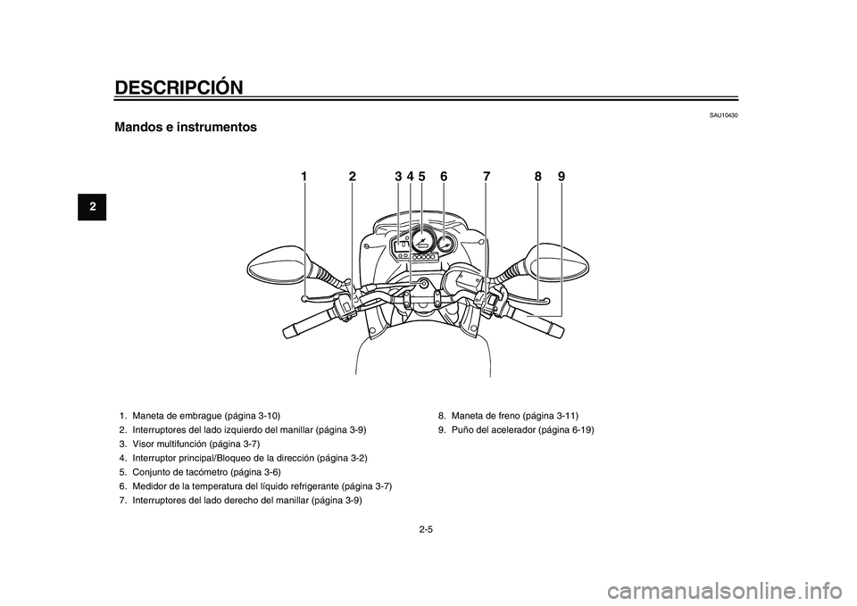 YAMAHA TDM 900 2010 Manuale de Empleo (in Spanish)
DESCRIPCIÓN
2-5
1
2
3
4
5
6
7
8
9
SAU10430
Mandos e instrumentos
1234567 89
1. Maneta de embrague (página 3-10)
2. Interruptores del lado izquierdo del manillar (página 3-9)
3. Visor multi YAMAHA TDM 900 2010 Manuale de Empleo (in Spanish)
DESCRIPCIÓN
2-5
1
2
3
4
5
6
7
8
9
SAU10430
Mandos e instrumentos
1234567 89
1. Maneta de embrague (página 3-10)
2. Interruptores del lado izquierdo del manillar (página 3-9)
3. Visor multi