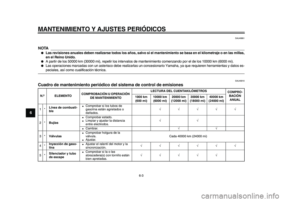 YAMAHA TDM 900 2010  Manuale de Empleo (in Spanish)  
MANTENIMIENTO Y AJUSTES PERIÓDICOS 
6-3 
1
2
3
4
5
6
7
8
9
 
SAU46861
NOTA
 
 
Las revisiones anuales deben realizarse todos los años, salvo si el mantenimiento se basa en el kilometraje o en las