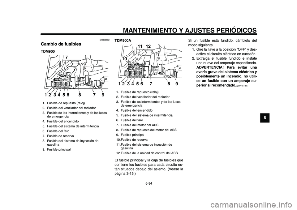 YAMAHA TDM 900 2010  Manuale de Empleo (in Spanish)  
MANTENIMIENTO Y AJUSTES PERIÓDICOS 
6-34 
2
3
4
5
67
8
9
 
SAU38592 
Cambio de fusibles  
TDM900TDM900A 
El fusible principal y la caja de fusibles que
contiene los fusibles para cada circuito es-
