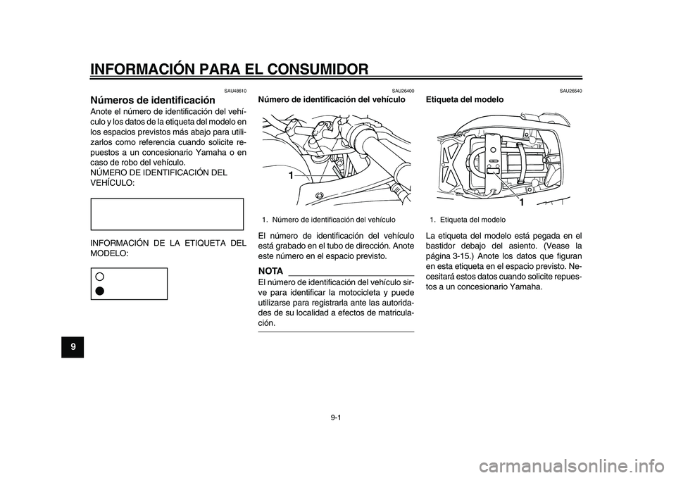 YAMAHA TDM 900 2010  Manuale de Empleo (in Spanish)  
9-1 
1
2
3
4
5
6
7
8
9
 
INFORMACIÓN PARA EL CONSUMIDOR 
SAU48610 
Números de identificación  
Anote el número de identificación del vehí-
culo y los datos de la etiqueta del modelo en
los esp