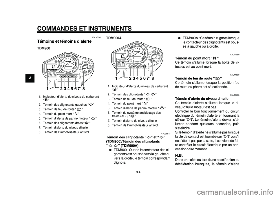 YAMAHA TDM 900 2010  Notices Demploi (in French)  
COMMANDES ET INSTRUMENTS 
3-4 
1
2
3
4
5
6
7
8
9
 
FAU47040 
Témoins et témoins d’alerte  
TDM900TDM900A 
FAU38572 
Témoin des clignotants “” et “” 
(TDM900)/Témoin des clignotants 
