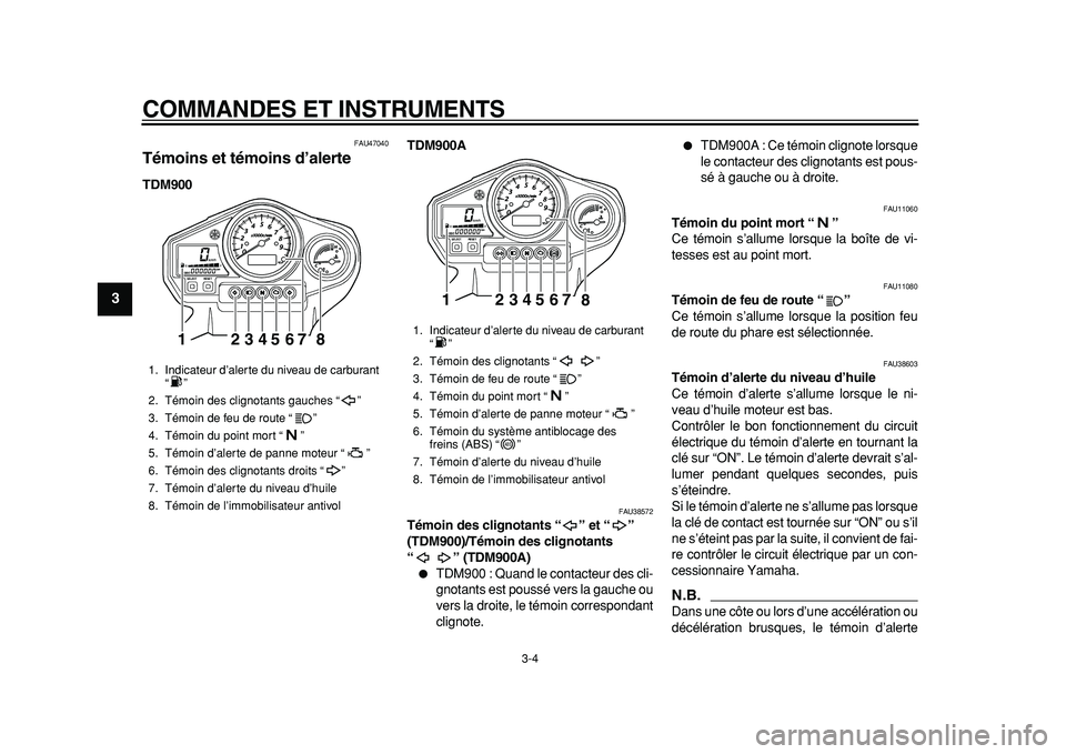 YAMAHA TDM 900 2010  Notices Demploi (in French)  
COMMANDES ET INSTRUMENTS 
3-4 
1
2
3
4
5
6
7
8
9
 
FAU47040 
Témoins et témoins d’alerte  
TDM900TDM900A 
FAU38572 
Témoin des clignotants “” et “” 
(TDM900)/Témoin des clignotants 
�