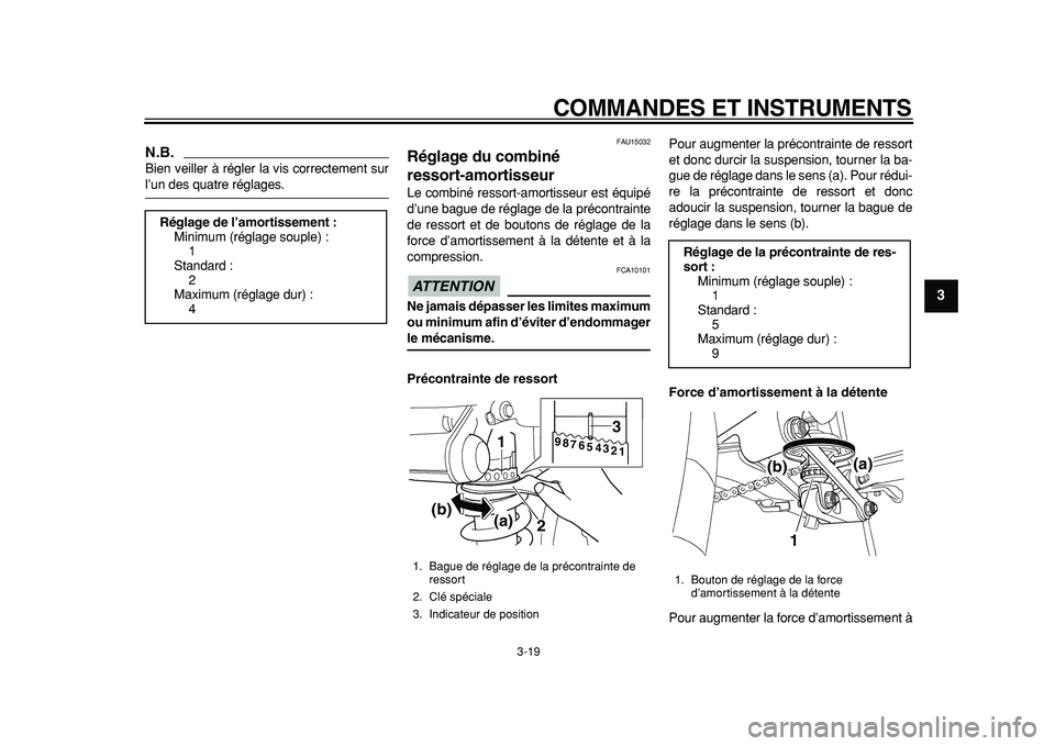 YAMAHA TDM 900 2010  Notices Demploi (in French)  
COMMANDES ET INSTRUMENTS 
3-19 
2
34
5
6
7
8
9
N.B.
 
Bien veiller à régler la vis correctement sur 
l’un des quatre réglages. 
FAU15032 
Réglage du combiné 
ressort-amortisseur  
Le combiné