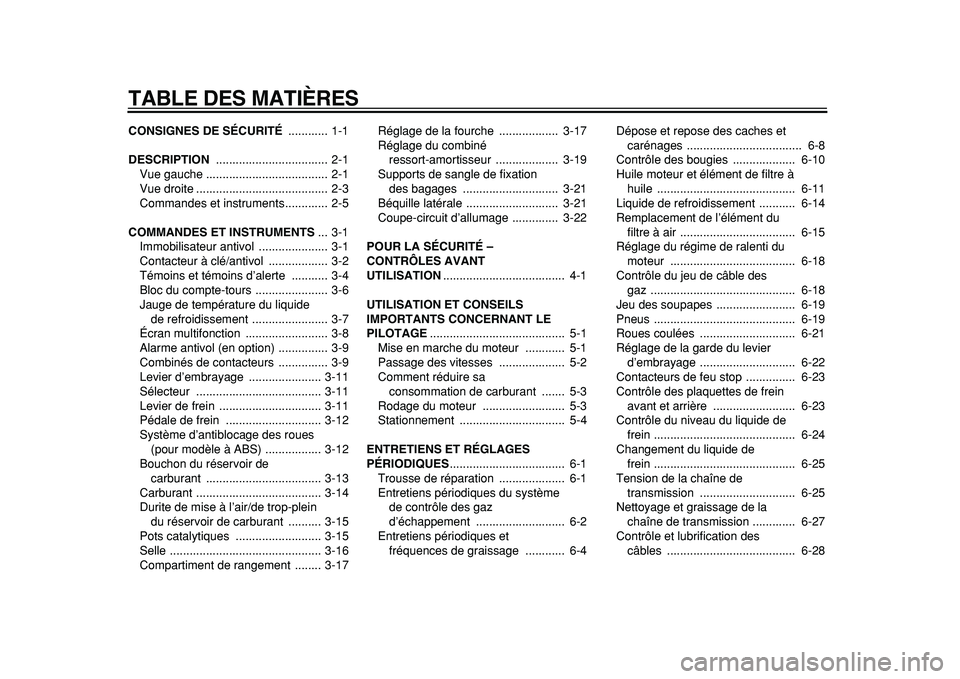 YAMAHA TDM 900 2010  Notices Demploi (in French)  
TABLE DES MATIÈRES 
CONSIGNES DE SÉCURITÉ  
............ 1-1 
DESCRIPTION  
.................................. 2-1
Vue gauche ..................................... 2-1
Vue droite ................