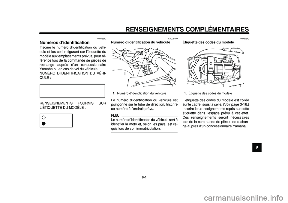 YAMAHA TDM 900 2010 Notices Demploi (in French)
9-1
2
3
4
5
6
7
8
9
RENSEIGNEMENTS COMPLÉMENTAIRES
FAU48610
Numéros d’identification
Inscrire le numéro d’identification du véhi-
cule et les codes figurant sur l’étiquette du
mod YAMAHA TDM 900 2010 Notices Demploi (in French)
9-1
2
3
4
5
6
7
8
9
RENSEIGNEMENTS COMPLÉMENTAIRES
FAU48610
Numéros d’identification
Inscrire le numéro d’identification du véhi-
cule et les codes figurant sur l’étiquette du
mod