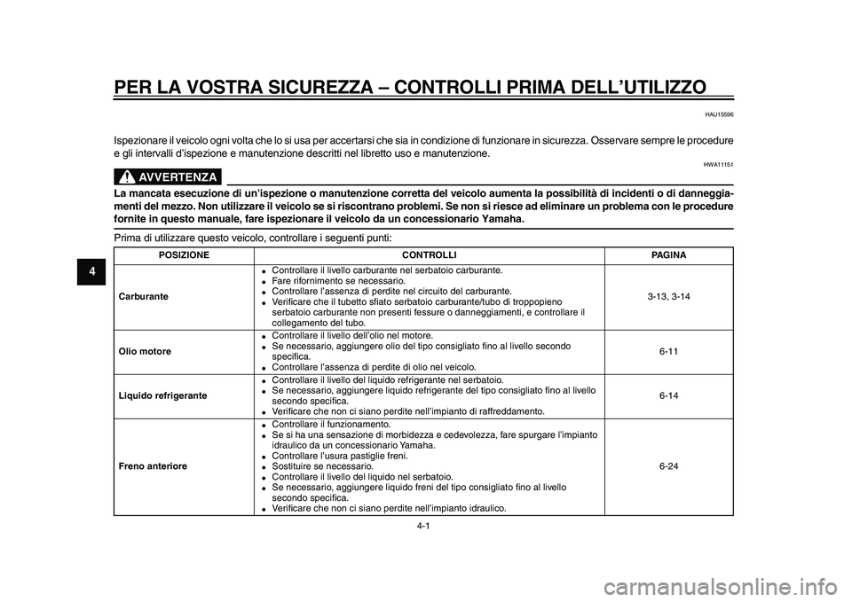 YAMAHA TDM 900 2010  Manuale duso (in Italian)  
4-1 
1
2
3
4
5
6
7
8
9
 
PER LA VOSTRA SICUREZZA – CONTROLLI PRIMA DELL’UTILIZZO 
HAU15596 
Ispezionare il veicolo ogni volta che lo si usa per accertarsi che sia in condizione di funzionare in 