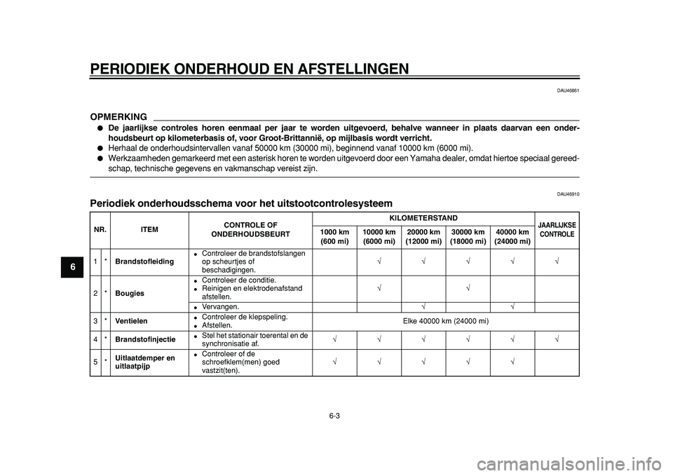 YAMAHA TDM 900 2010  Instructieboekje (in Dutch)  
PERIODIEK ONDERHOUD EN AFSTELLINGEN 
6-3 
1
2
3
4
5
6
7
8
9
 
DAU46861
OPMERKING
 
 
De jaarlijkse controles horen eenmaal per jaar te worden uitgevoerd, behalve wanneer in plaats daarvan een onder