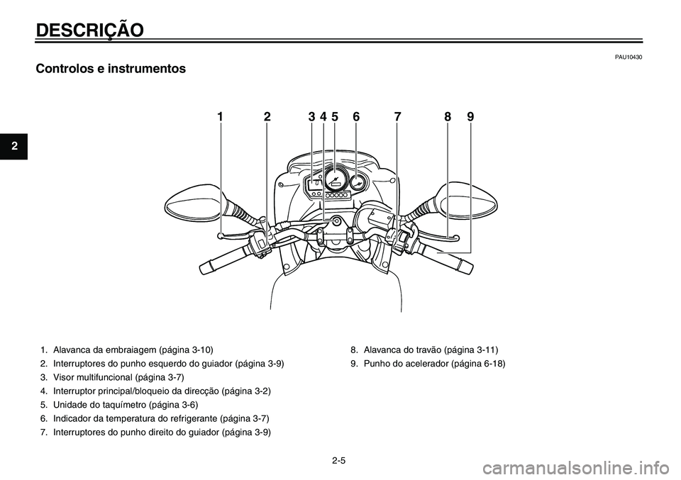 YAMAHA TDM 900 2010 Manual de utilização (in Portuguese)
DESCRIÇÃO
2-5
1
2
3
4
5
6
7
8
9
PAU10430
Controlos e instrumentos
1234567 89
1. Alavanca da embraiagem (página 3-10)
2. Interruptores do punho esquerdo do guiador (página 3-9)
3. Visor mu YAMAHA TDM 900 2010 Manual de utilização (in Portuguese)
DESCRIÇÃO
2-5
1
2
3
4
5
6
7
8
9
PAU10430
Controlos e instrumentos
1234567 89
1. Alavanca da embraiagem (página 3-10)
2. Interruptores do punho esquerdo do guiador (página 3-9)
3. Visor mu