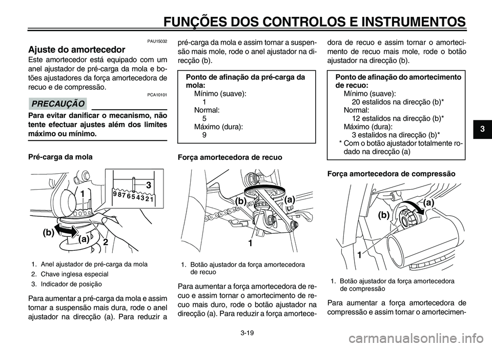 YAMAHA TDM 900 2010  Manual de utilização (in Portuguese)  
FUNÇÕES DOS CONTROLOS E INSTRUMENTOS 
3-19 
2
34
5
6
7
8
9
 
PAU15032 
Ajuste do amortecedor  
Este amortecedor está equipado com um
anel ajustador de pré-carga da mola e bo-
tões ajustadores d