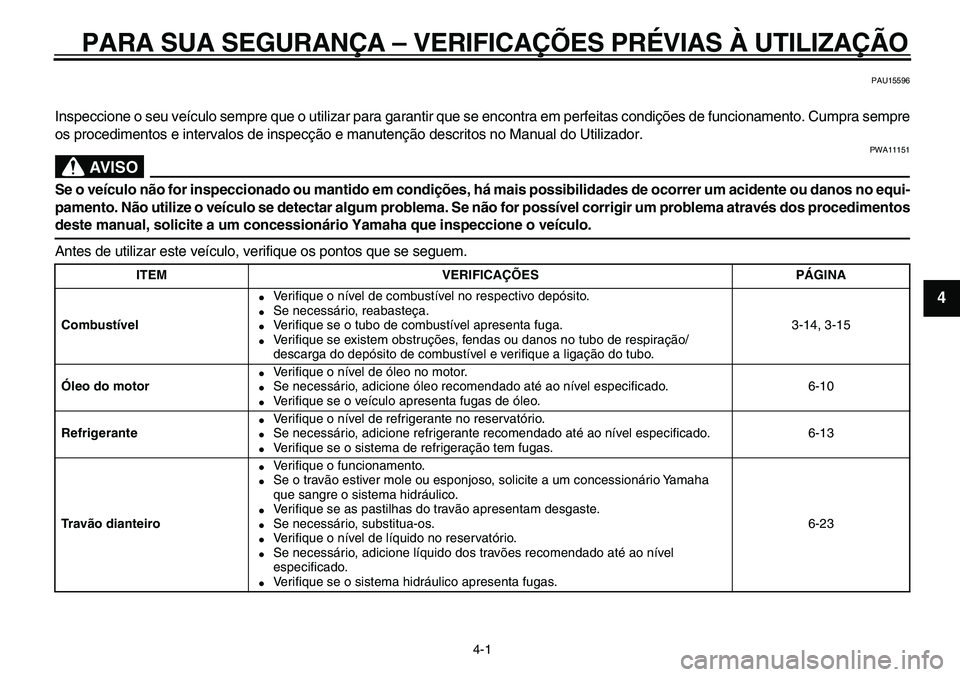 YAMAHA TDM 900 2010  Manual de utilização (in Portuguese)  
4-1 
2
3
45
6
7
8
9
 
PARA SUA SEGURANÇA – VERIFICAÇÕES PRÉVIAS À UTILIZAÇÃO 
PAU15596 
Inspeccione o seu veículo sempre que o utilizar para garantir que se encontra em perfeitas condiçõ