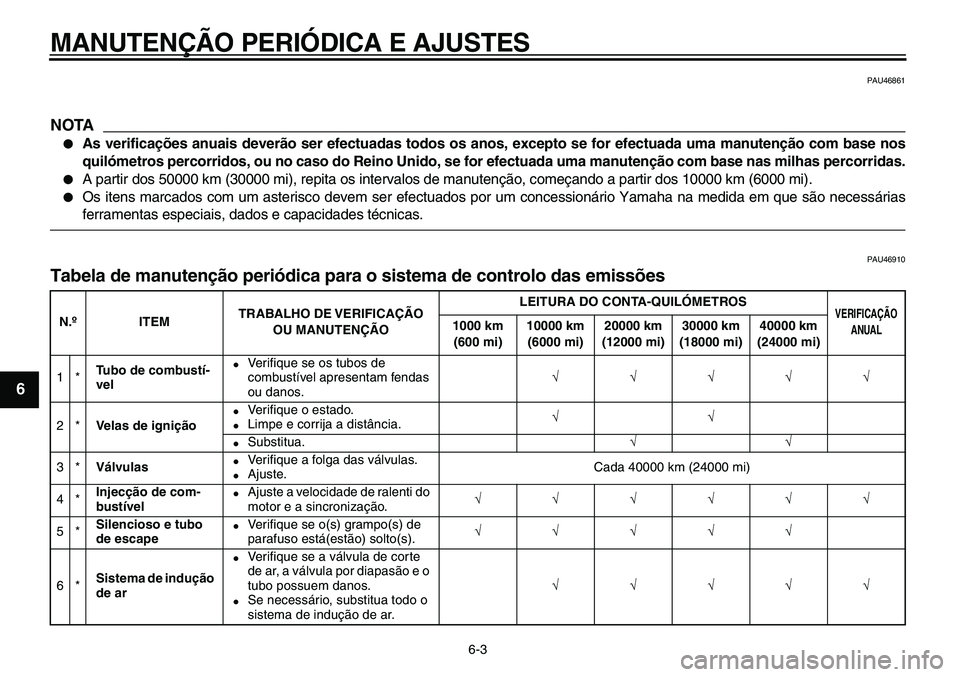YAMAHA TDM 900 2010  Manual de utilização (in Portuguese)  
MANUTENÇÃO PERIÓDICA E AJUSTES 
6-3 
1
2
3
4
5
6
7
8
9
 
PAU46861
NOTA
 
 
As verificações anuais deverão ser efectuadas todos os anos, excepto se for efectuada uma manutenção com base nos
