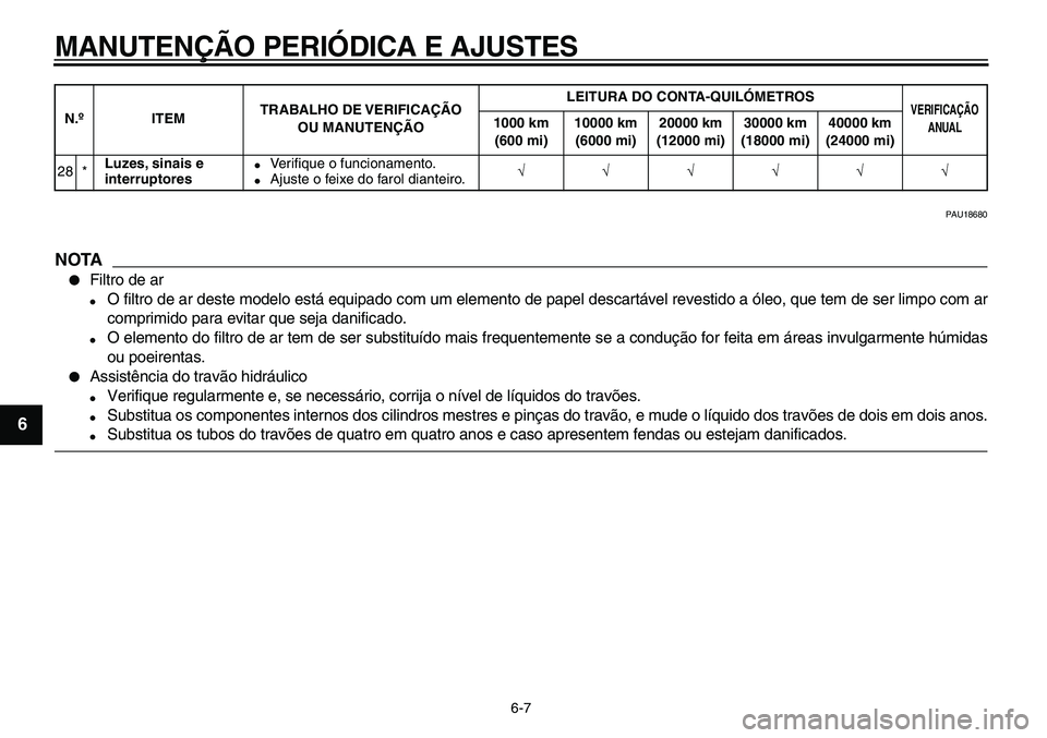 YAMAHA TDM 900 2010  Manual de utilização (in Portuguese)  
MANUTENÇÃO PERIÓDICA E AJUSTES 
6-7 
1
2
3
4
5
6
7
8
9
 
PAU18680
NOTA
 
 
Filtro de ar 
 
O filtro de ar deste modelo está equipado com um elemento de papel descartável revestido a óleo, qu