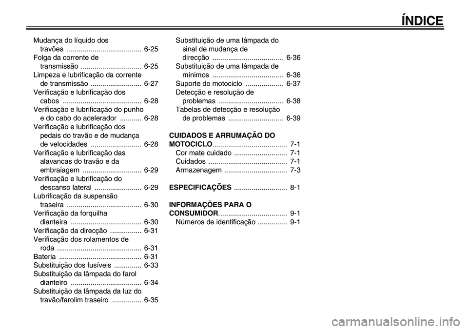 YAMAHA TDM 900 2010  Manual de utilização (in Portuguese)  
ÍNDICE 
Mudança do líquido dos 
travões ......................................  6-25
Folga da corrente de 
transmissão ...............................  6-25
Limpeza e lubrificação da corrente