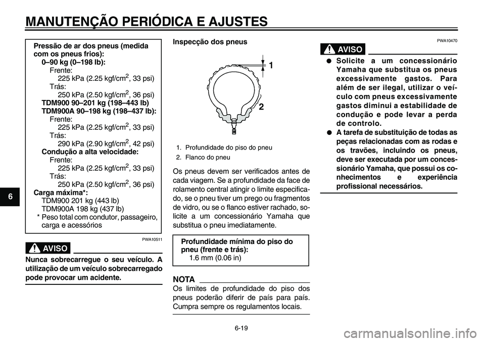 YAMAHA TDM 900 2010  Manual de utilização (in Portuguese)  
MANUTENÇÃO PERIÓDICA E AJUSTES 
6-19 
1
2
3
4
5
6
7
8
9
AVISO
 
PWA10511 
Nunca sobrecarregue o seu veículo. A
utilização de um veículo sobrecarregado 
pode provocar um acidente.Inspecção d