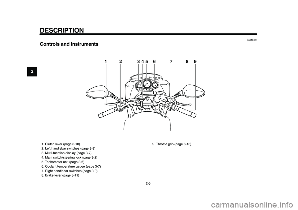 YAMAHA TDM 900 2009 User Guide
DESCRIPTION
2-5
1
2
3
4
5
6
7
8
9
EAU10430
Controls and instruments
12345 6 7 8 9
1. Clutch lever (page 3-10)
2. Left handlebar switches (page 3-9)
3. Multi-function display (page 3-7)
4. YAMAHA TDM 900 2009 User Guide
DESCRIPTION
2-5
1
2
3
4
5
6
7
8
9
EAU10430
Controls and instruments
12345 6 7 8 9
1. Clutch lever (page 3-10)
2. Left handlebar switches (page 3-9)
3. Multi-function display (page 3-7)
4.