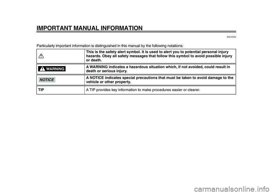 YAMAHA TDM 900 2009  Owners Manual  
IMPORTANT MANUAL INFORMATION 
EAU10132 
Particularly important information is distinguished in this manual by the following notations: 
This is the safety alert symbol. It is used to alert you to po