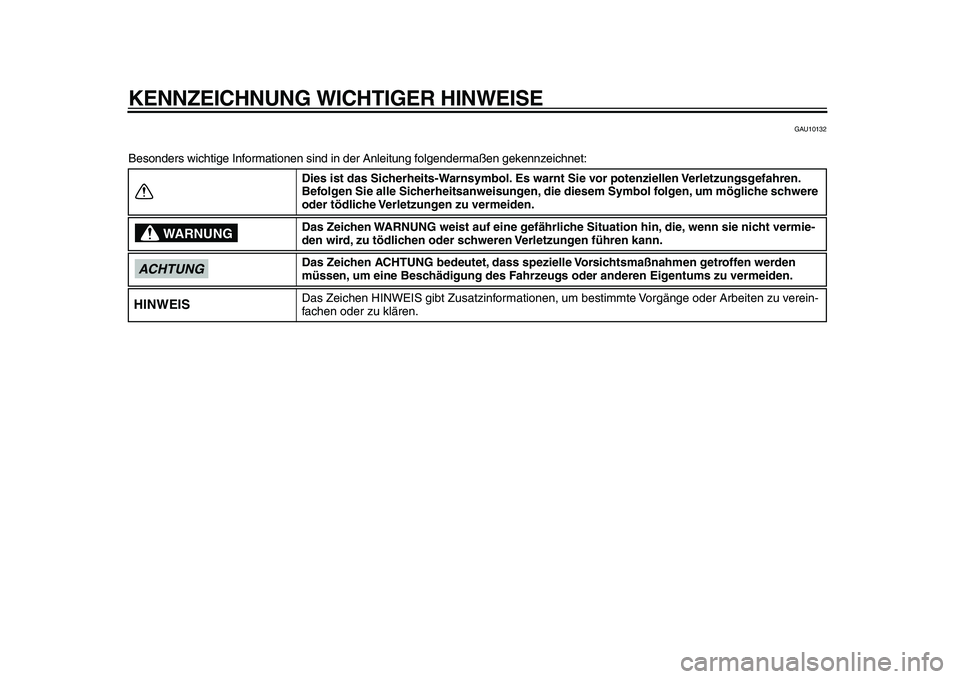YAMAHA TDM 900 2009  Betriebsanleitungen (in German)  
KENNZEICHNUNG WICHTIGER HINWEISE 
GAU10132 
Besonders wichtige Informationen sind in der Anleitung folgendermaßen gekennzeichnet: 
Dies ist das Sicherheits-Warnsymbol. Es warnt Sie vor potenziellen