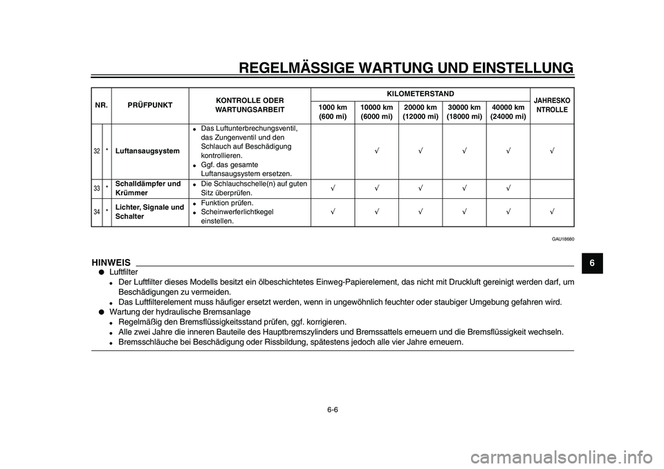 YAMAHA TDM 900 2009  Betriebsanleitungen (in German)  
REGELMÄSSIGE WARTUNG UND EINSTELLUNG 
6-6 
2
3
4
5
67
8
9
 
GAU18680
HINWEIS
 
 
Luftfilter 
 
Der Luftfilter dieses Modells besitzt ein ölbeschichtetes Einweg-Papierelement, das nicht mit Druck