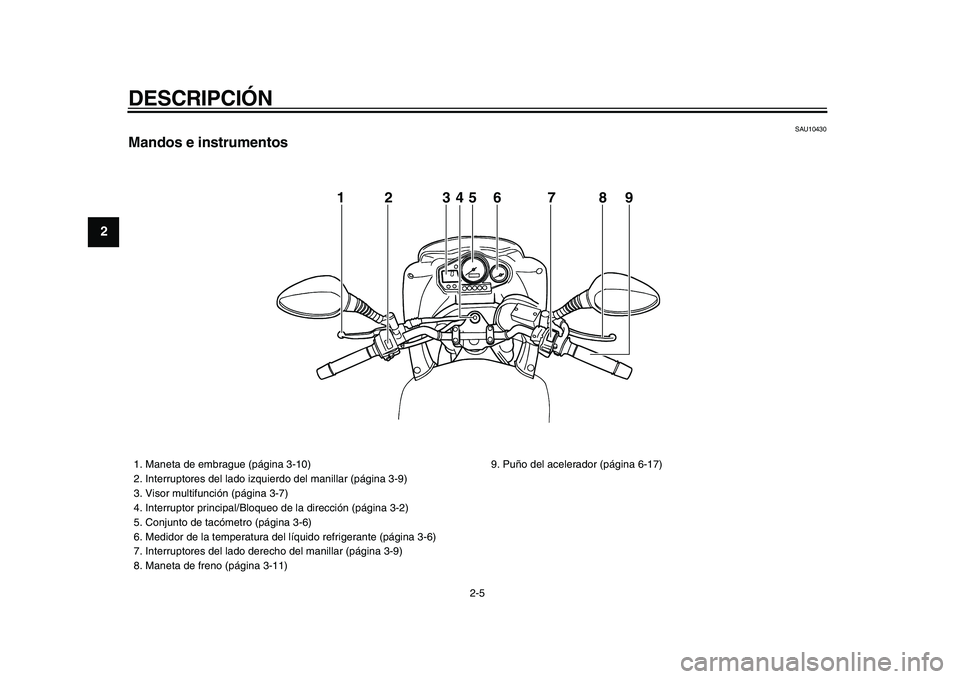 YAMAHA TDM 900 2009  Manuale de Empleo (in Spanish)  
DESCRIPCIÓN 
2-5 
1
2
3
4
5
6
7
8
9
 
SAU10430 
Mandos e instrumentos
12345 6 7 8 9
 
1.  Maneta de embrague (página 3-10)
2.  Interruptores del lado izquierdo del manillar (página 3-9)
3.  Visor