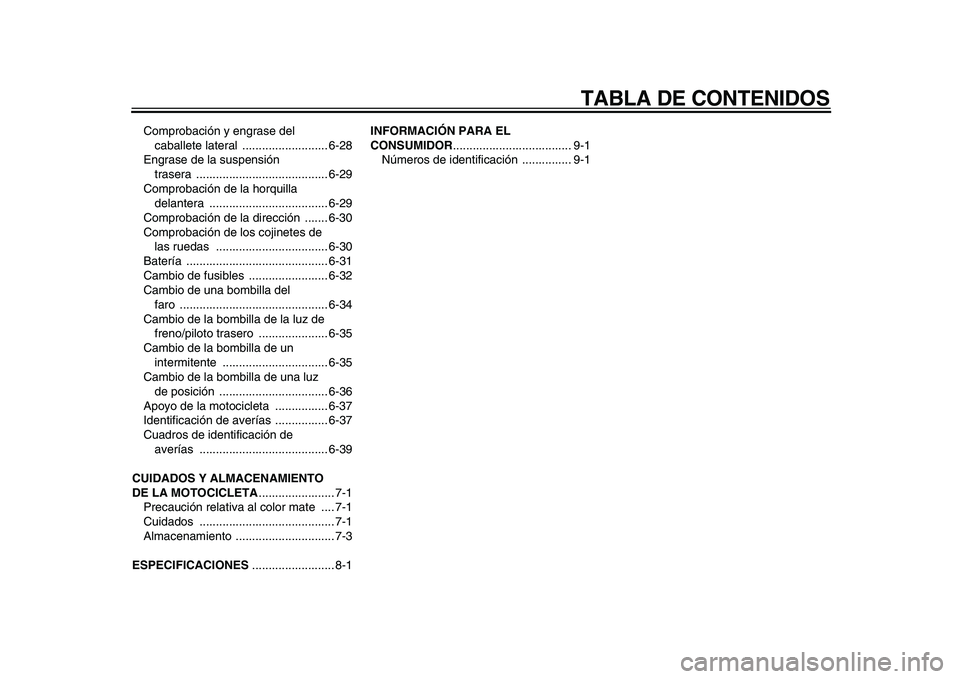 YAMAHA TDM 900 2009  Manuale de Empleo (in Spanish)  
TABLA DE CONTENIDOS 
Comprobación y engrase del 
caballete lateral  .......................... 6-28
Engrase de la suspensión 
trasera ........................................ 6-29
Comprobación de