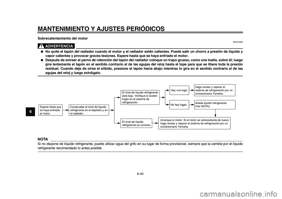YAMAHA TDM 900 2009 Manuale de Empleo (in Spanish)
MANTENIMIENTO Y AJUSTES PERIÓDICOS
6-40
1
2
3
4
5
6
7
8
9
Sobrecalentamiento del motor
ADVERTENCIA
SWA10400
●
No quite el tapón del radiador cuando el motor y el radiador estén caliente YAMAHA TDM 900 2009 Manuale de Empleo (in Spanish)
MANTENIMIENTO Y AJUSTES PERIÓDICOS
6-40
1
2
3
4
5
6
7
8
9
Sobrecalentamiento del motor
ADVERTENCIA
SWA10400
●
No quite el tapón del radiador cuando el motor y el radiador estén caliente