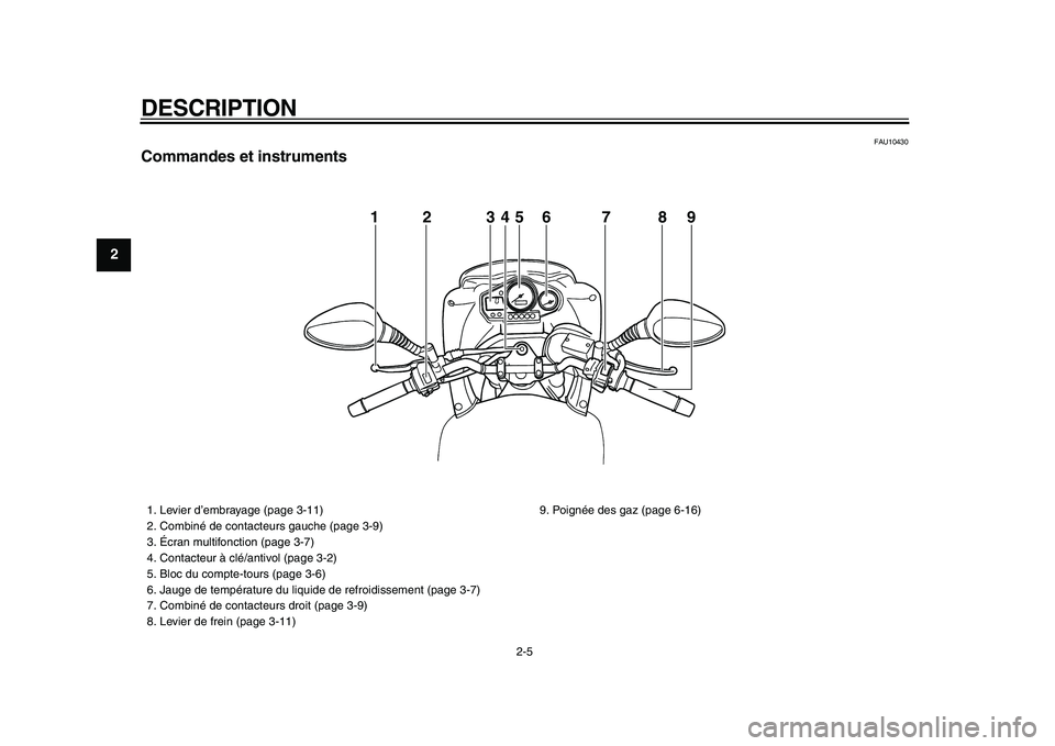 YAMAHA TDM 900 2009 Notices Demploi (in French)
DESCRIPTION
2-5
1
2
3
4
5
6
7
8
9
FAU10430
Commandes et instruments
12345 6 7 8 9
1. Levier d’embrayage (page 3-11)
2. Combiné de contacteurs gauche (page 3-9)
3. Écran multifonction ( YAMAHA TDM 900 2009 Notices Demploi (in French)
DESCRIPTION
2-5
1
2
3
4
5
6
7
8
9
FAU10430
Commandes et instruments
12345 6 7 8 9
1. Levier d’embrayage (page 3-11)
2. Combiné de contacteurs gauche (page 3-9)
3. Écran multifonction (