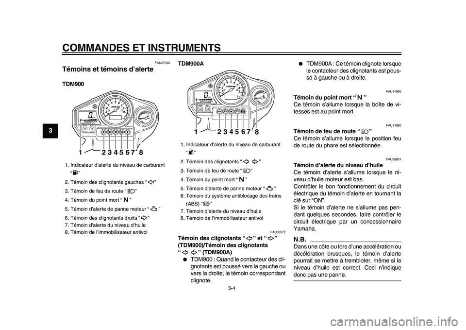YAMAHA TDM 900 2009 Notices Demploi (in French)
COMMANDES ET INSTRUMENTS
3-4
1
2
3
4
5
6
7
8
9
FAU47040
Témoins et témoins d’alerte
TDM900TDM900A
FAU38572
Témoin des clignotants “ ” et “ ”
(TDM900)/Témoin des clignotants
YAMAHA TDM 900 2009 Notices Demploi (in French)
COMMANDES ET INSTRUMENTS
3-4
1
2
3
4
5
6
7
8
9
FAU47040
Témoins et témoins d’alerte
TDM900TDM900A
FAU38572
Témoin des clignotants “ ” et “ ”
(TDM900)/Témoin des clignotants