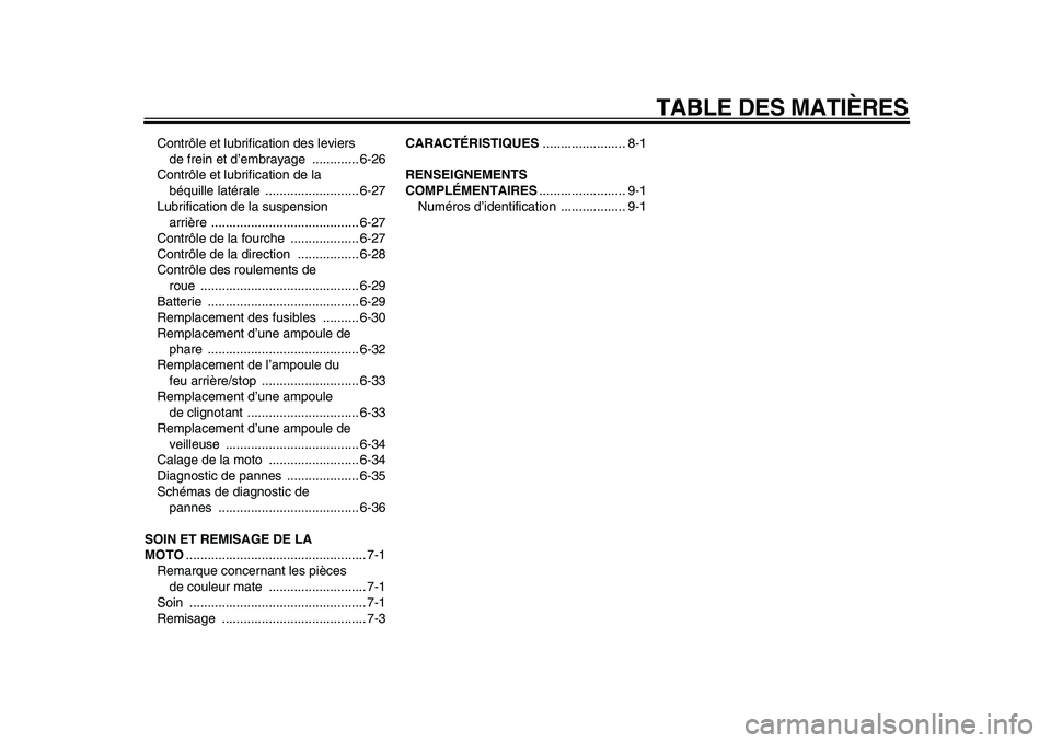 YAMAHA TDM 900 2009 Notices Demploi (in French)
TABLE DES MATIÈRES
Contrôle et lubrification des leviers
de frein et d’embrayage ............. 6-26
Contrôle et lubrification de la
béquille latérale .......................... 6-27
Lubr YAMAHA TDM 900 2009 Notices Demploi (in French)
TABLE DES MATIÈRES
Contrôle et lubrification des leviers
de frein et d’embrayage ............. 6-26
Contrôle et lubrification de la
béquille latérale .......................... 6-27
Lubr